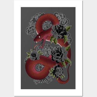 Red Snake and Black Flowers Posters and Art